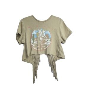 Fringe Graphic Festival Tee. Western Bohemian Y2K Cropped Cut-Out Cowgirl Size L